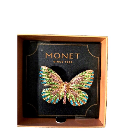 MONET Rhinestone Butterfly Brooch Pin Gold Tone Blue Green Pink Vintage Signed - Picture 1 of 6